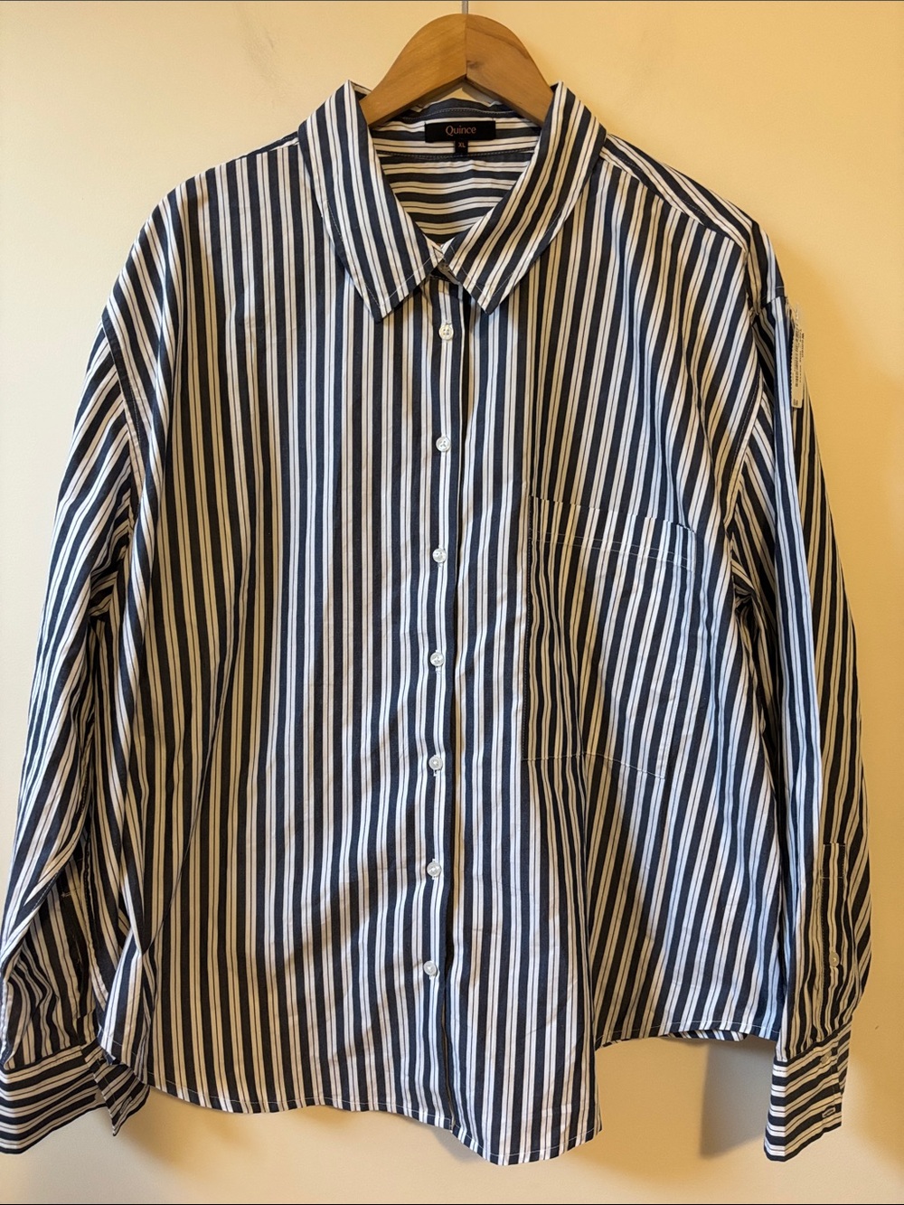 Quince Women’s Navy & White Vertical Stripe Dress Shirt